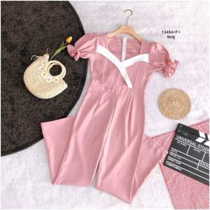 13484 จั้มสูทขายาว แขนพองแต่งอกขาว สีครีม