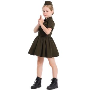 Women Halloween Costume for Kids Girls Pretend Play Stage Play Girls Cosplay Costume Military Green Retro Police Women Uniform Set Career Cosplay Costume Birthday Party Story Telling