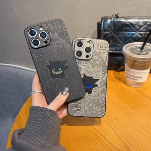 CrashStar Cool Gengar Laser Leather Wristband Shockproof Phone Case For iPhone 16 15 14 Pro Max Plus 13 12 11 Pro Max Creative Embossing Wristlet Phone Cover Fashion Cartoon Anti-fingerprint Phone Casing With Holder Stand