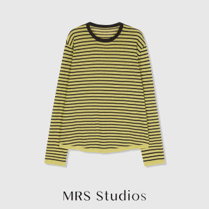 MRS Studios Linen Cotton Airy Feel Sun Protection round Neck Classic Black White Stripes Knitted Long Sleeve Cover up Sweater