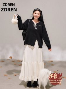 ZHANGDAREN | Bộ Áo Len Dài & Chân Váy Có Cổ Voan Rộng