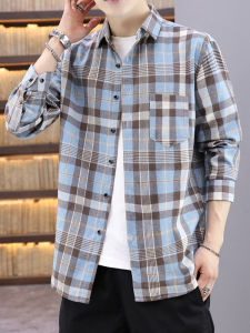 Trendy Plaid Long Sleeve Casual Shirt for Men Loose Fit Autumn Spring Youth Fashion Button Decor Washed Polyester Cotton Blend