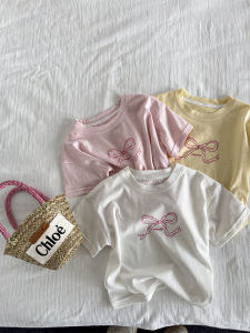 Korean Style Short Sleeve round Neck T-Shirt for Girls Baby Butterfly Knot Versatile Summer Clothing Childrens Fashionable Tops