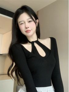 เซ็กซี่เผ็ดแขนยาวเสื้อยืดผู้หญิง Hollow OUT คอ SLIM FIT ฤดูใบไม้ร่วงฤดูหนาวใหม่มาถึงเสื้อ Upperwear