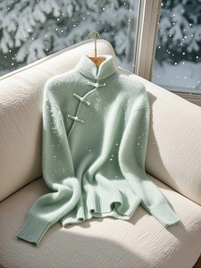 Mint Green Knitted Sweater Womens Inner Wear Base Layer Chinese Style Button up Long Sleeve Regular Fit Cashmere Blend Top