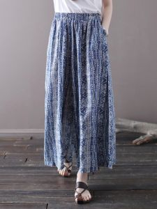 New High Waist Wide Leg Pants Cotton Linen Wax Print Casual Trousers Skirts Linen Nine Points Pants for plus Size Women