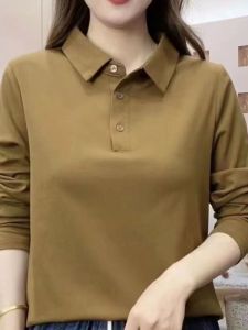 Spring New Fashionable Stylish Polo Collar Cotton Long Sleeves Tops Womens Mom Clothing Loose Tummy Hiding Slimming Bottoming Shirt