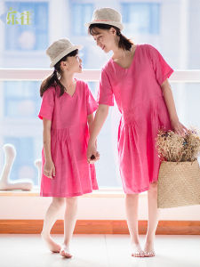 ชุดเดรสแม่ลูกผ้าลินินแขนสั้นสีชมพูสดใสสำหรับวันหยุดชายหาด ชุดเดรสผ้าลินิน 100% ฤดูร้อน เสื้อผ้าเด็ก ชุดเดรสเด็กหญิง
