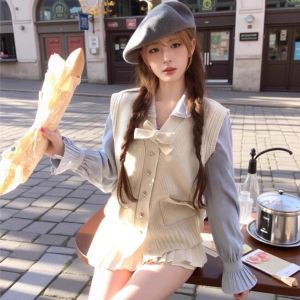 Sweet Sister Christmas Style Long Sleeve Shirt And Knitted Vest Set Womens Fashion Ensemble Inner Wear Layered Look Gentle Series