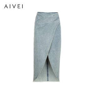 AIVEI | Vintage Aged Asymmetric Cross-Structure Denim Skirt