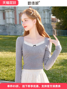 Slim Fit Lace V-neck Knitted Long Sleeve Base Shirt Spring Autumn Womens Grey T-shirt Butterfly Knot Decoration Straight Cut