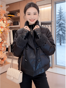 Shalldoer | Korean Style Black Lamb Fur Collar Down Cotton Jacket