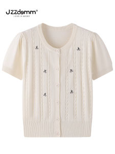 JZZDEMM Womens Short Sleeve Knitted Cardigan Embroidered Small Flower Twist Pattern Gentle Style Summer Fashion Casual Wear