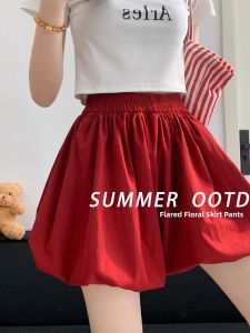 Red Puffy Flower Short Pants High Waist Womens Summer Thin New Style A-Line Pleated Outerwear Sweet Lantern Semi-Body Skirt