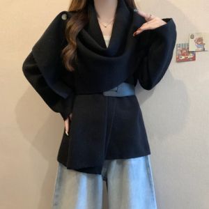 French Styled Oversized Sweater with Draped Collar and Waist Tie