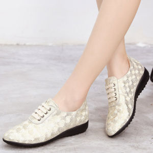 Womens Genuine Leather Shoes round Toe Wedge Soft Bottom Large Size Mother Lace-up Deep Mouth Middle-Aged and Elderly Single-Layer Shoes Cowhide Comfortable Platform