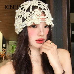 Korean Hand-crocheted Flower Pearl Cut-out Pullover Cold Hat Womens Summer Thin Breathable Knitted Beanie Cap Beret Cap