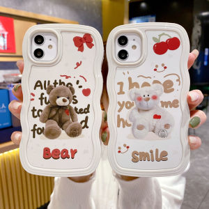 INS Style 3D Curved Wavy Edge Brown cute cherry bear Phone Case Compatible for iPhone 11 13 12 Pro Max 15 Pro Max 7 8 6 6s Plus X XR XS Max SE 2020 Clear Soft Tpu Shockproof Cover