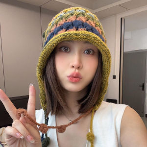 Colorful Rainbow Knitted Long Tassel Beanie Hat For Women Ear Protection Winter Warm Cap Korean Girl Windproof Pullover Bonnet