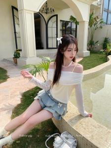 Korean Style One-Shoulder Vest Top Womens Early Autumn Apricot White Cover up Three-Piece Set Sweet Style Long Sleeve Polyester Fiber