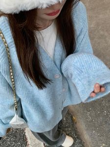 เสื้อถักขี้เกียจสีน้ําเงินเปิด คาร์ดิเกน เสื้อสเวตเตอร์ ผู้หญิง เสื้อนอก ฤดูใบไม้ผลิ ฤดูใบไม้ร่วง สไตล์เกาหลี อ่อนโยน หลวม คอวี หลากหลาย เสื้อ