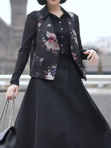 Fashionable Retro V-Neck Mesh Jacket Womens New Chinese Style Elegant Age-Defying Shoulder Pad Outerwear Commute Polyester Fiber