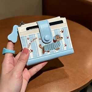 PU Leather Dachshund Embroidered Short Wallet Dopamine Color Cartoon Dog Coin Purse PU Zipper Small Item Bag Women Girl