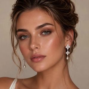 Pearl Drop Earrings for Women Rhinestone Flower Dangle Earrings Sparkly Elegant Chic Glam Minimalist Wedding Party Jewelry Gift