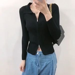 Women Zipper Knitted Cardigan Top Fashion Slim Fit Long Sleeve Top