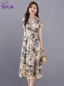 Elegant Slimming Water-Media Print Midi Dress Chinese Style Belted V-Neck Short Sleeve Polyester Fiber Summer New Arrival
