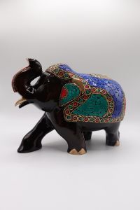 Hand Crafted Wooden Elephant with Stone and Jewel Work/Fine Carving Up Trunk Elephant Figurine Showpiece Six Inches.