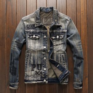 American Retro Blue Denim Outwear Mens Spring and Autumn Fancy Handsome Nostalgic Embroider Casual Easiest for Match Washed Jacket