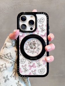 Pink Butterfly Knot Rabbit Doll Phone Case for Apple 16ProMax 360 Rotating Magnetic Absorption Stand Transparent Girl Style 13 14Plus Support Protection Cover