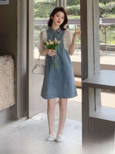 ชุดเดรสยีนส์สไตล์ฝรั่งเศส ฤดูร้อน 2025 ชุดเดรสกระโปรงทรงเอเอวสูงแขนสั้นคอโปโลสีพื้นสำหรับผู้หญิง