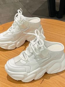 Womens Leather Half Slippers Open Toe Thick Bottom Platform Slip-On Summer Shoes Breathable Mesh No Back Heel Sneakers