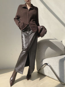Brown PU Leather Skirt High Waist Slimming Wrap around Split Design Commute Style Long A-Line Silhouette Simple Elegant
