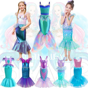 Little Mermaid Dress For Kids Girls Ariel Mermaid Dress Summer Ruffles Sleeve Fish Tail Dress Beach Themed Party Costume
