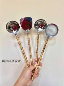 Long Handle Bamboo Node Stainless Steel 304 Soup Spoon Anti-Scalding Commercial Hot Pot Restaurant Kitchen Cooking Utensils