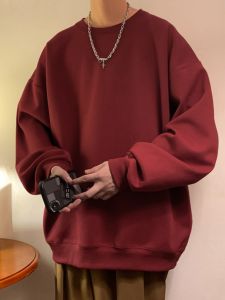 เสื้อฮู้ดคอกลมแขนยาวสีแดงเข้มทรงหลวมสำหรับผู้ชาย เสื้อเชิ้ตสไตล์อเมริกันฤดูใบไม้ผลิและฤดูใบไม้ร่วง