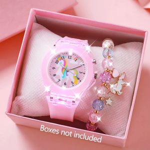 2-Piece Set of Pink Rainbow Horse Cute Luminous Silicone Round Quartz Watches and Star-Moon Colorful Bead Heart Unicorn Pendant Beaded Bracelet Set with Luminous Colorful Lights That Change Colors and a Comfortable Silicone Soft Strap It Is the Best ...