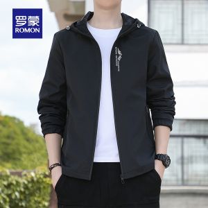ROMON | Loose Fit Mens Hooded Jacket Casual Outdoor Windproof Polyester Fiber Long Sleeve Zipper Decorated Fashion Urban Style Coat