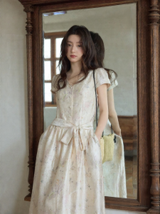 seemon | Summer Style Korean Elegant Waist-High V-Neck Puff Sleeve Flower Printed Dress