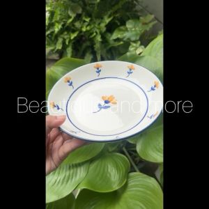 BnM จานเซรามิค มินิมอล จานกระเบื้องเคลือบ ดอกไม้มินิมอล สีส้ม จิ๋วๆ ขนาด 8 นิ้ว เรียบๆ ทนทาน เข้าไมโครเวฟได้