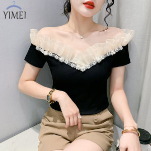 YIMEI Áo Thun Cotton Đẹp Cho Nữ Áo Thun Màu Đen 2023 Cộc Tay Mới Mùa Hè Viền Tai Gỗ Áo Đính Hạt Cổ Chữ V Gợi Cảm Thời Trang Hàn Quốc Cho Nữ
