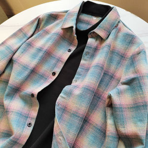 Looks Stylish on Me! Beautiful Online! Spring & Fall New Arrival Men Dralon Fake Two-Piece Plaid Bottoming Shirt Long Sleeves Shirt