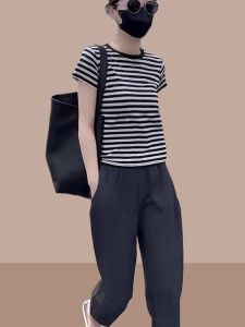 Shalldoer | Petite Summer Fashion Outfit Stripe T-Shirt Casual Pants Two-Piece Set