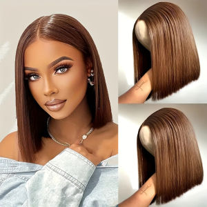 Tóc Giả Bob Ngắn Tóc Người 13x4 Lace Frontal 180% Mật Độ 4 # Tóc Giả Thẳng Màu Sô Cô La Trong Suốt Có Ren Phía Trước Remy Brazil Hair