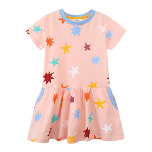 Jumping Meters 2-7T Stars Print Girls Dresses Cute Summer Short Sleeve Baby Clothes Birthday Childrens Frocks Costume
