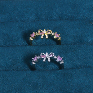 New Fashion Bowknot Cute Pink Heart Zircon Knot Bow Opening Adjust Ring For Women Girls Friendship Ring Jewelry Gift