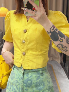 SHUAIYUE | V-Neck Puff Sleeve Slim Fit Blouse Yellow
